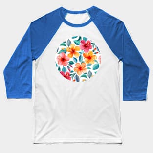 Colorful Watercolor Hibiscus on Clean White Baseball T-Shirt